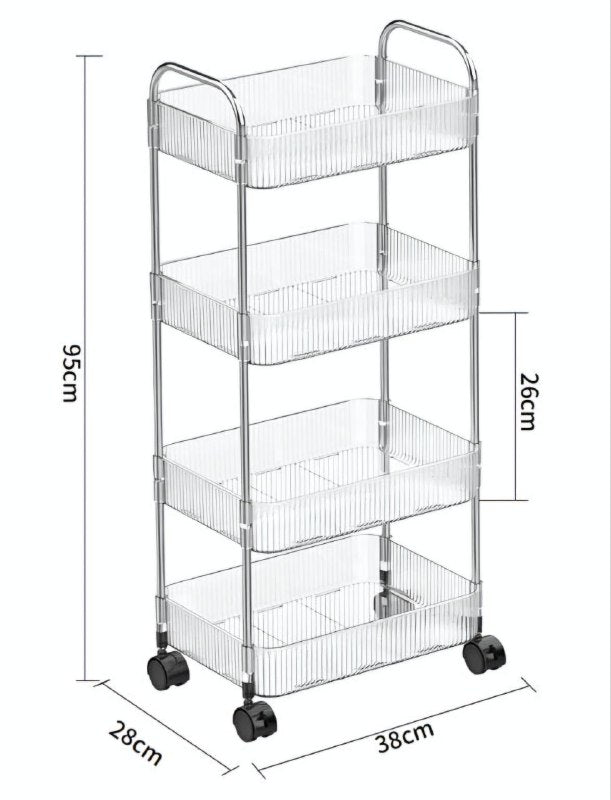 ORGANIZADOR CARRITO DE ALMACENAMIENTO TRANSPARENTE MULTIFUNCIONAL DE 4 NIVELES CON RUEDAS BLOQUEABLES