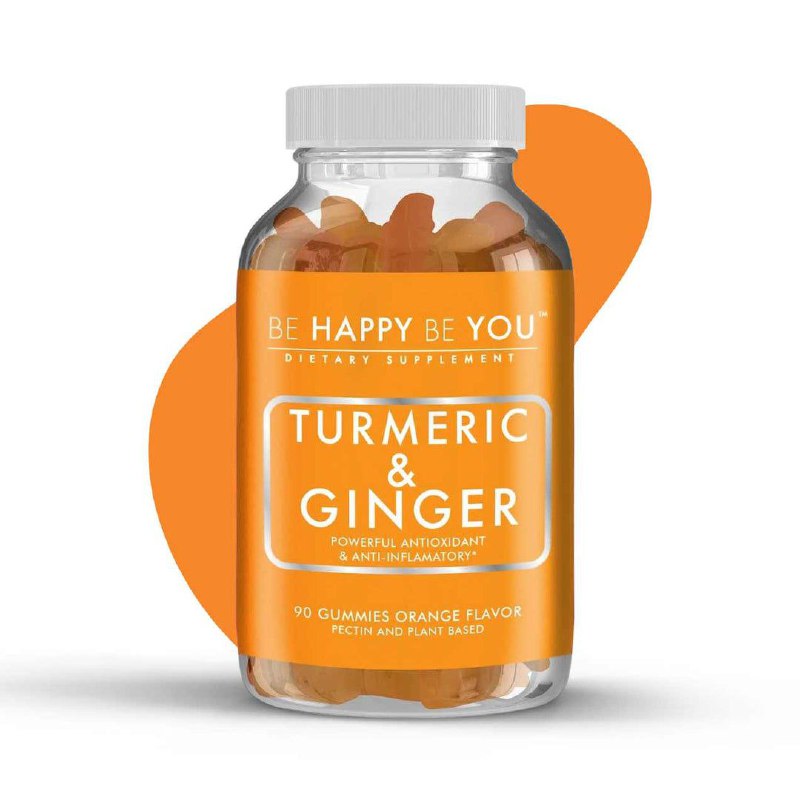 VITAMINAS EN GOMITAS DE CURCUMA Y JENGIBRE PODEROSO ANTIOXIDANTE Y ANTIINFLAMATORIO, SABOR NARANJA PECTINA Y BASE VEGETAL BE HAPPY BE YOU DIETARY SUPLEMENT 90UND