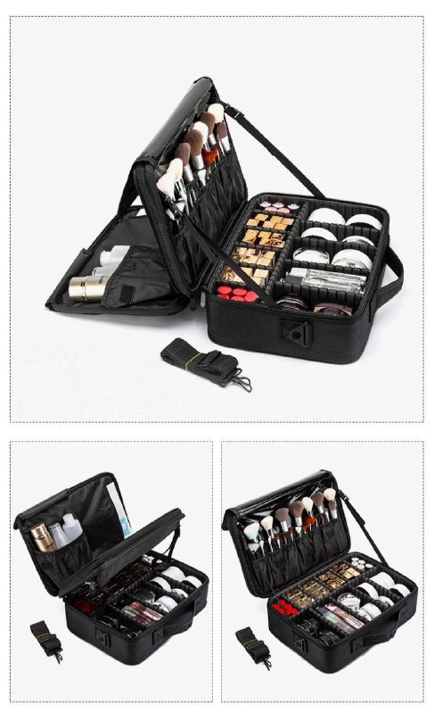 ORGANIZADOR ESTUCHE DE ALMACENAMIENTO DE MAQUILLAJE PORTATIL CON SEPARADORES AJUSTABLES NEGRO 34.5x23.5x12CM