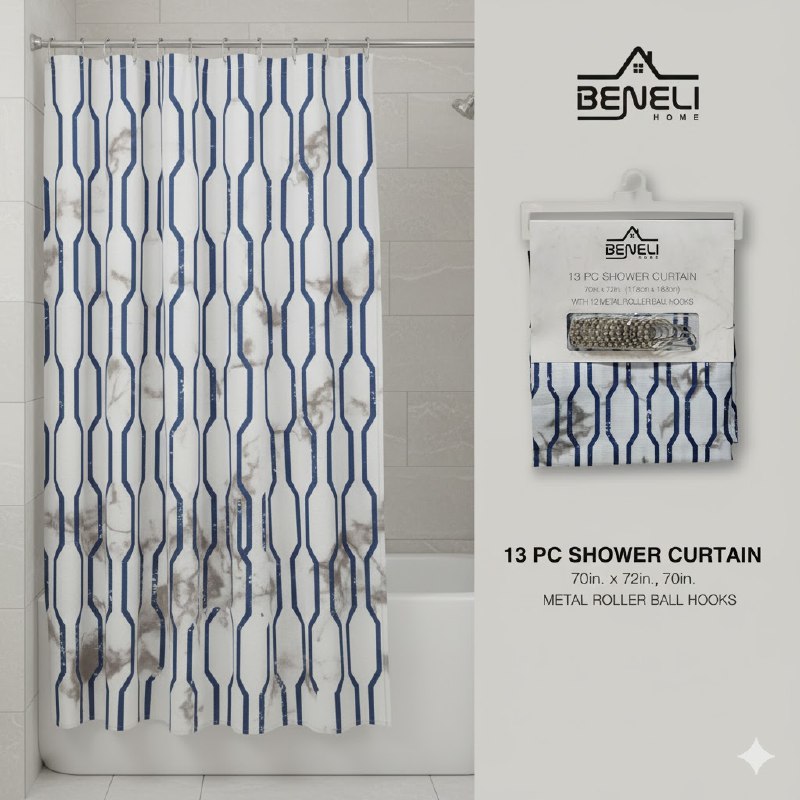CORTINA DE DUCHA CON 12 GANCHOS DE METAL MODERNA Y ELEGANTE 178X183CM BENELI HOME