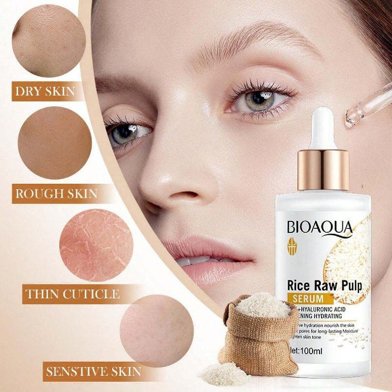SUERO FACIAL DE PULPA CRUDA DE ARROZ, QUE PENETRA PROFUNDAMENTE PARA BLANQUEAR E HIDRATAR LA PIEL, ILUMINA EL TONO, AUMENTA LA ELASTICIDAD Y FORTALECE LA BARRERA CUTANEA BIOAQUA 100ML
