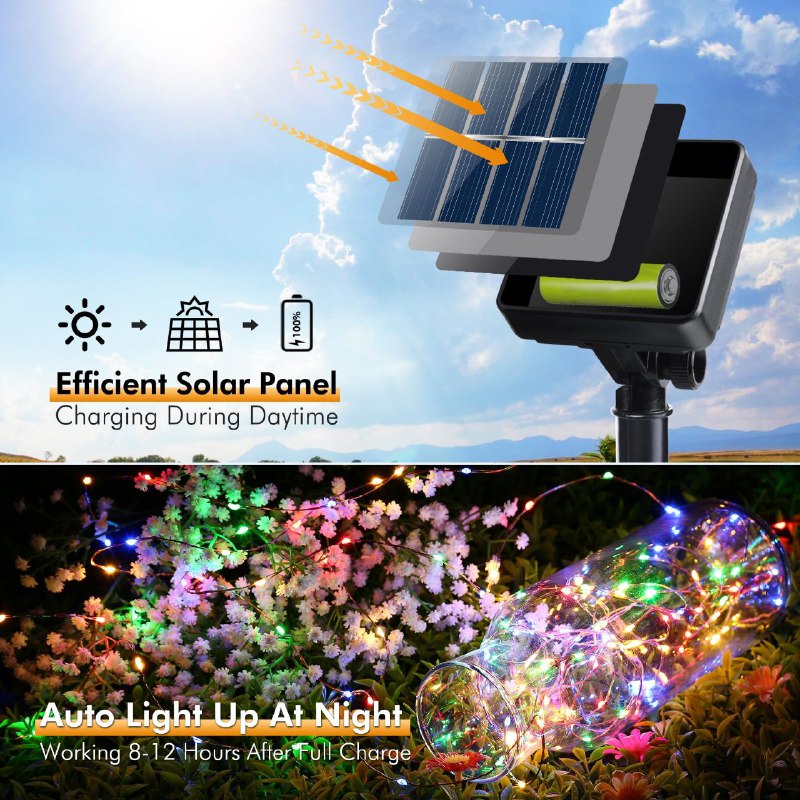 LUCES DECORATIVAS NAVIDEÑAS TIRA DE LUCES LED DE HADAS SOLARES PARA EXTERIORES MULTICOLOR 10 METROS