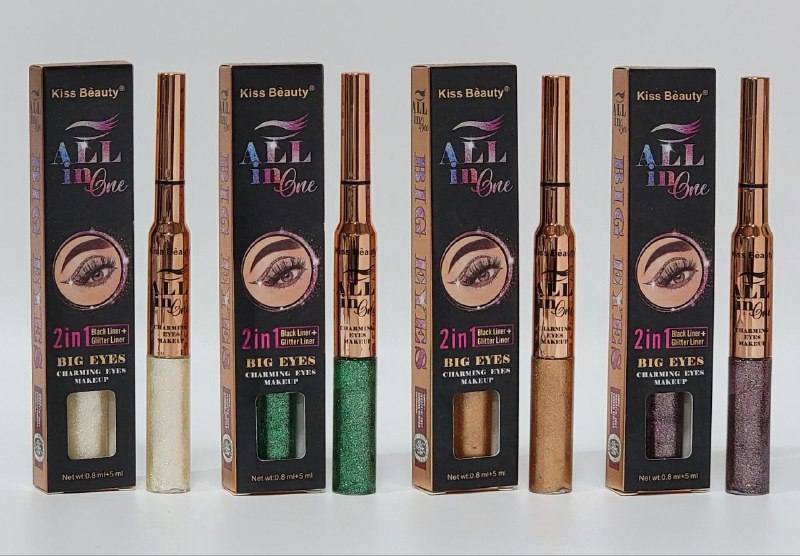 DELINEADOR DE OJOS 2 EN 1, DELINEADOR NEGRO Y DELINEADOR BRILLANTE 4 TONOS, ALL IN ONE KISS BEAUTY 0.8ML, 5ML