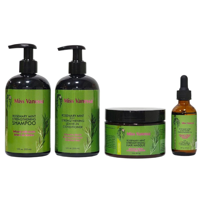 SET DE CUIDADO DEL CABELLO DE 4 PIEZAS DE ROMERO Y MENTA, DEJA EL CABELLO SUAVE, BRILLANTE E HIDRATADO PARA EL CABELLO EXTRA SECO, SAMPOO 355ML, ACONDICIONADOR 35ML, MASCARILLA PARA EL CABELLO 340, SUERO HIDRATANTE 59ML MISS VANESSA