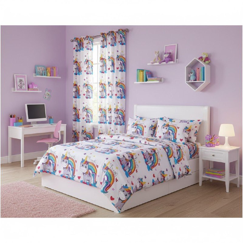 JUEGO DE SABANAS MATRIMONIAL EN SET CON CORTINAS PARA NIÑAS DE 6 PIEZAS UNICORNIOS BENELI HOME