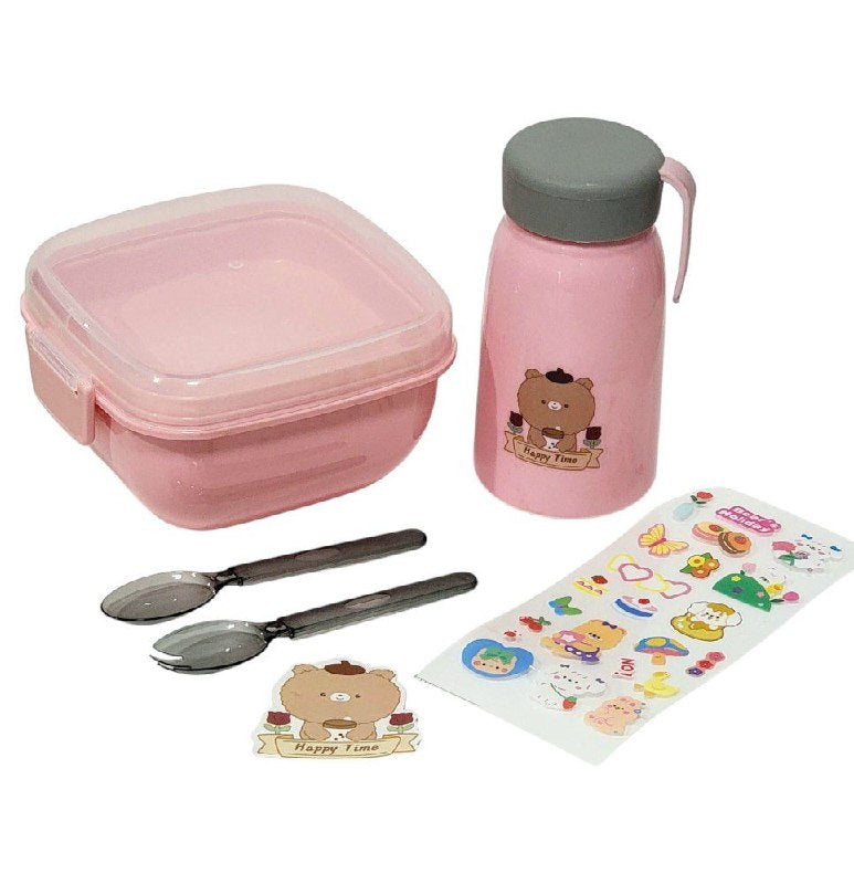 LONCHERA EN KIT CON CUBIERTOS, BOTE Y STICKERS VARIOS ESTILOS