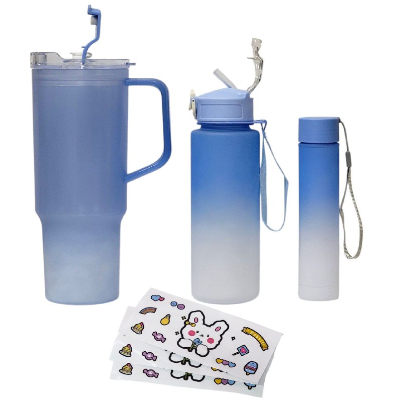 VASO TERMO PLASTICO CON ASA EN SET, 2 BOTES TERMOS MEDIANO Y PEQUEÑO, INCLUYE STICKERS, 3 COLORES