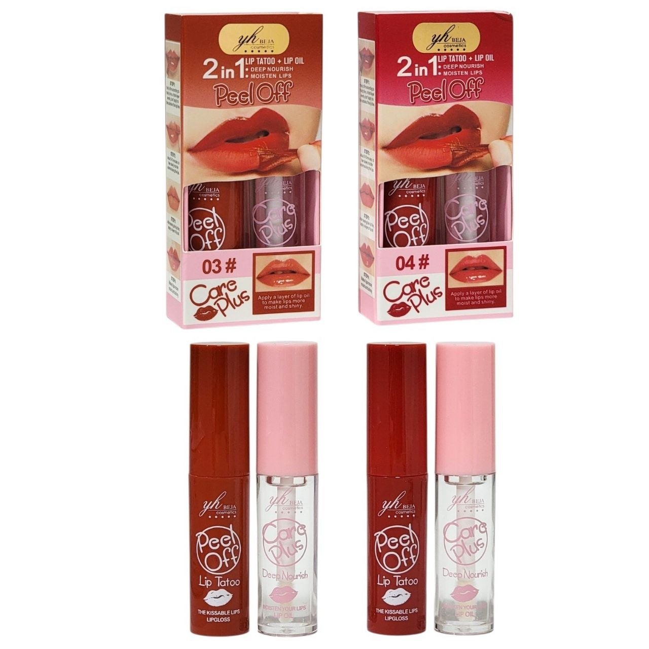 TATUAJE LABIAL + ACEITE LABIAL EFECTOS DESLUMBRANTES ANTITRANSFERENCIA GARANTIZA LARGA DURACIÓN 4 TONOS YH BEJA COSMETICS  2X4ML