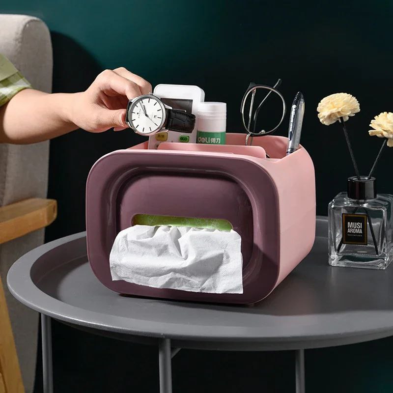 SERVILLETERO ORGANIZADOR CAJA DE ALMACENAMIENTO PARA SERVILLETAS, PAÑUELOS DE LIMPIEZA FACIAL, CON SOPORTE PARA CELULAR Y DEPOSITOS BROCHAS, ETC