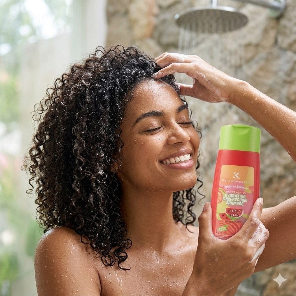 SET DE SHAMPOO Y ACONDICIONADOR HIDRATANTE Y NUTRITIVO PARA CABELLO RIZADO CON EXTRACTO DE SANDIA KERATINE QUEEN 325ML & 200ML