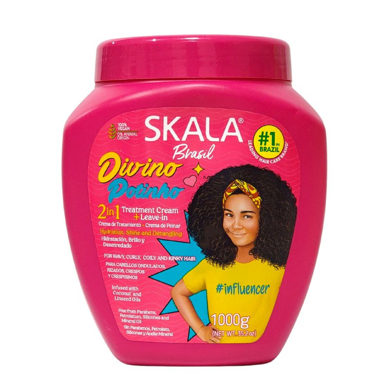 TRATAMIENTO CAPILAR EN CREMA 2 EN 1, ACONDICIONADORA Y CREMA PARA PEINAR HIDRATACION, BRILLO Y DESENREDADO PARA CABELLOS RIZADOS SKALA BRASIL DIVINO POTINHO 1000G
