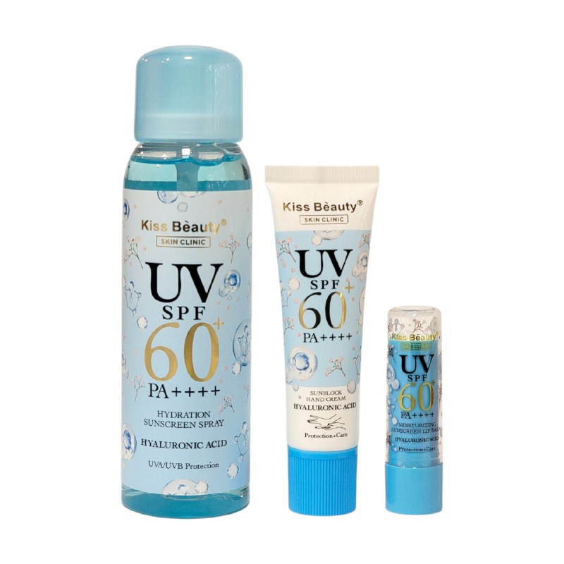 SET DE PROTECCION SOLAR Y CUIDADO HIDRATANTE CON ACIDO HIALURONICO 3PCS KISS BEAUTY