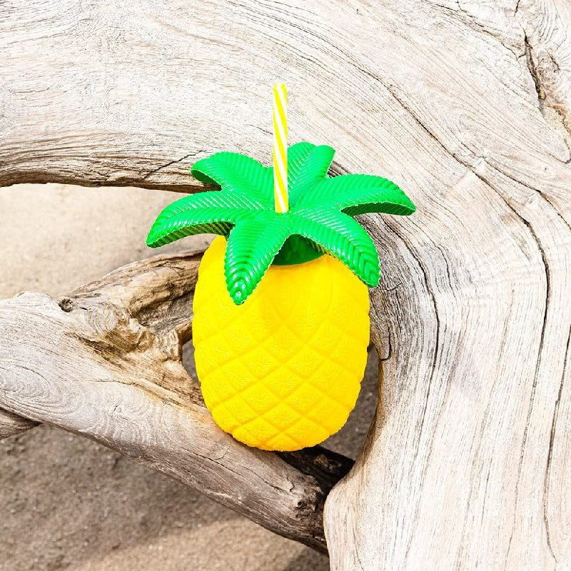 VASO EN FORMA DE PIÑA DE PLASTICO CON PAJILLA PARA BEBIDAS FRIAS O COCTELES