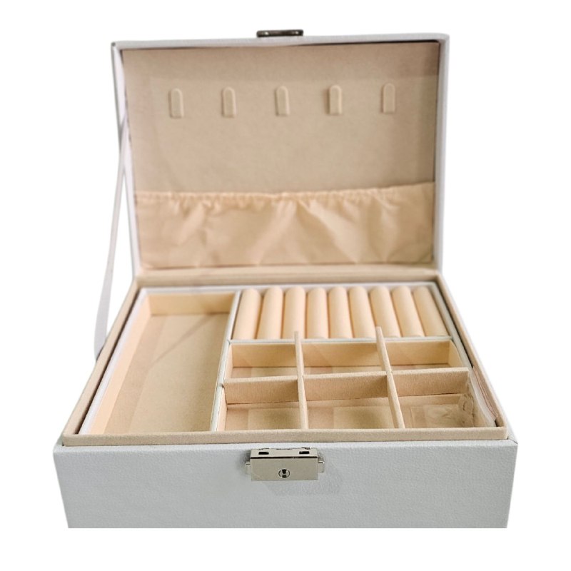 ORGANIZADOR JOYERO DE CUERO SINTETICO CON MULTIPLES COMPARTIMIENTOS Y CIERRE CON LLAVE 20X18X10CM
