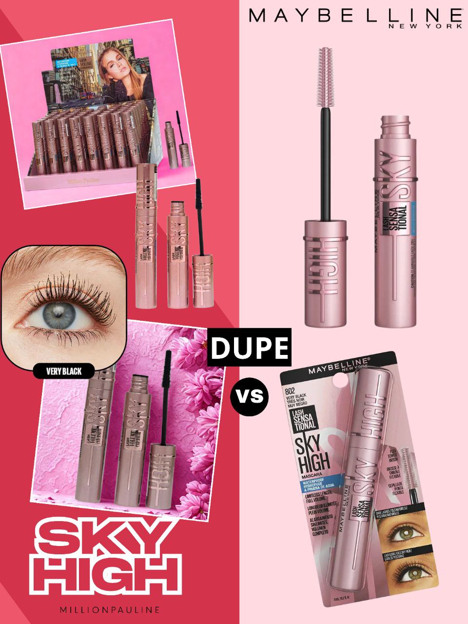 RIMEL DUPE MAYBELLINE SKY HIGH ALARGAMIENTO SIN LIMITES VOLUMEN COMPLETO APRUEBA DE AGUA MILLION PAULINE 6ML