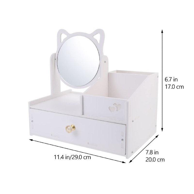 ESTANTE ORGANIZADOR DE MAQUILLAJE O JOYERIA COLOR BLANCO CON ESPEJO DISEÑO DE GATO 29X20X17CM