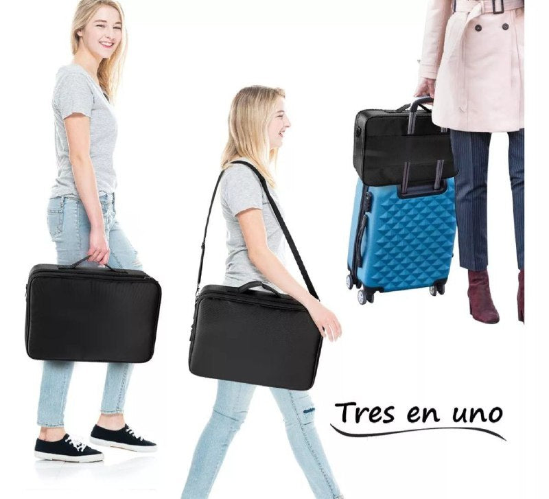 ORGANIZADOR ESTUCHE DE ALMACENAMIENTO DE MAQUILLAJE PORTATIL CON SEPARADORES AJUSTABLES NEGRO 34.5x23.5x12CM