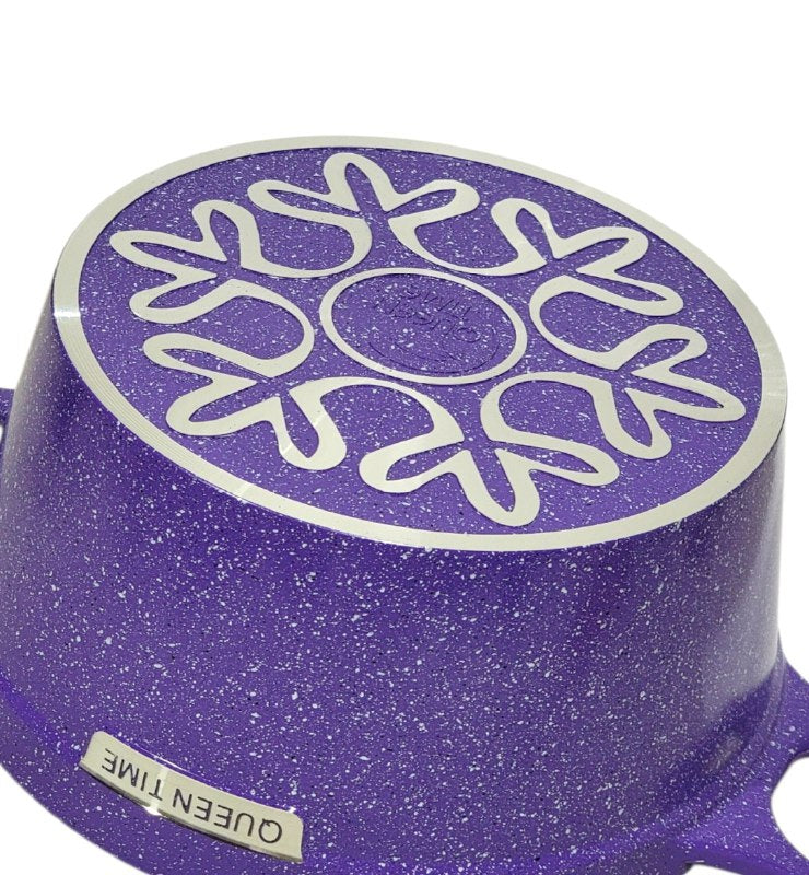 JUEGO DE COCINA, OLLAS DE COCINA DE 5 PIEZAS, CON ACABADO MORADO CON EFECTO GRANITO ELEGANTE Y TAPAS DE VIDRIO TEMPLADO QUEEN TIME