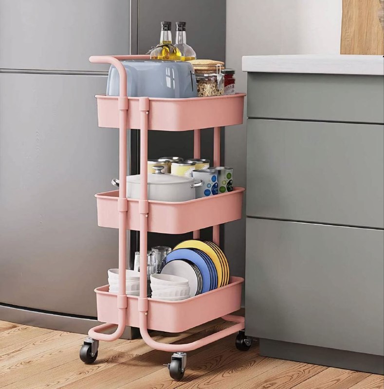 ESTANTE CARRITO DE ALMACENAMIENTO RODANTE DE 3 NIVELES PLASTICO COLOR ROSADO