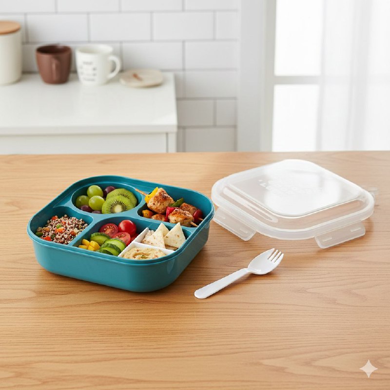 RECIPIENTE PANA PARA ALIMENTOS DE 4 COMPARTIMIENTOS CON TENEDOR BENELI HOME 18X18X6.5CM