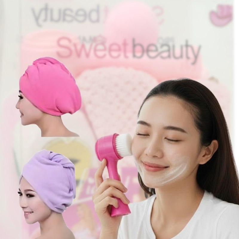 KIT DE CUIDADO PERSONAL, ESPONJA MAQUILLAJE, TOALLA PELO, CEPILLO FACIAL, ESPONJA CORPORAL SWEET BEAUTY
