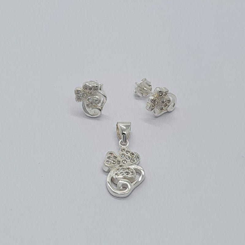 PSET2434 SET CORAZON FLOR Y ROSA CON ZIRCONIA BLANCO PLATA 9.25