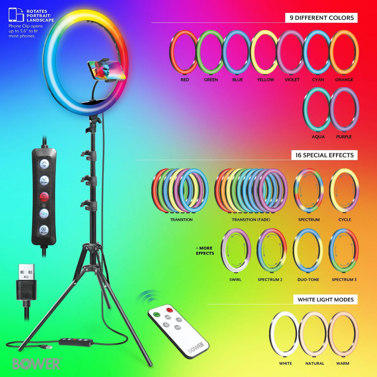 SET DE ARO DE LUZ BLANCO/RGP 40CM DE DIAMETRO BOWER