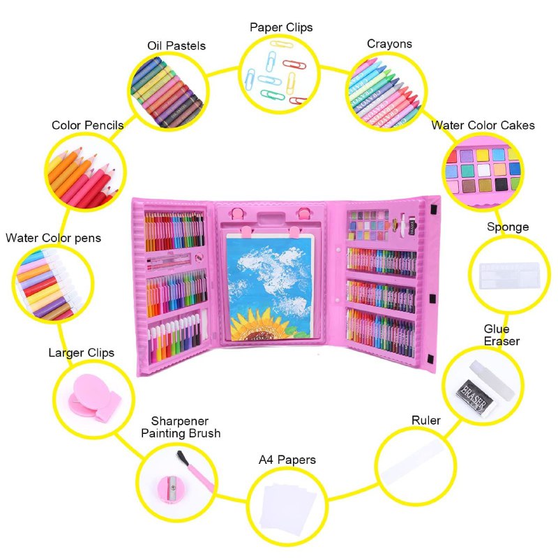ESTUCHE DE ARTE Y DIBUJO CREATIVO PORTATIL PARA NIÑOS COLOR ROSADO 208 PIEZAS