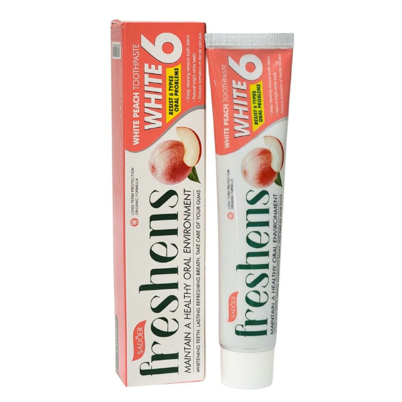 PASTA DE DIENTES, DE MELOCOTON, LIMPIA PROFUNDAMENTE LAS MANCHAS DIFICILES Y EL SARRO BLANDO DE LOS DIENTES, ELIMINA DIENTES AMARILLOS, CUIDA LAS ENCIAS Y REFRESCA EL ALIENTO SADOER 100G