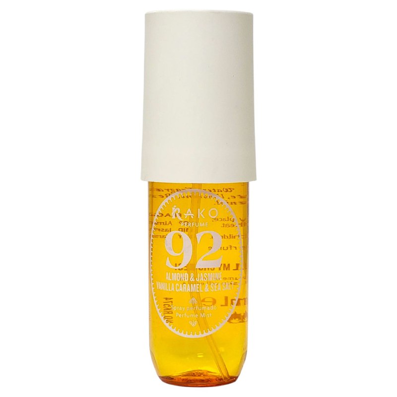 SPRAY PERFUMADO PARA EL CABELLO Y CUERPO DE ALMENDRA, JAZMIN, VAINILLA, CARAMELO Y SAL MARINA RAKO 92, 90ML