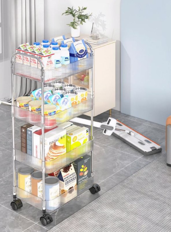 ORGANIZADOR CARRITO DE ALMACENAMIENTO TRANSPARENTE MULTIFUNCIONAL DE 4 NIVELES CON RUEDAS BLOQUEABLES
