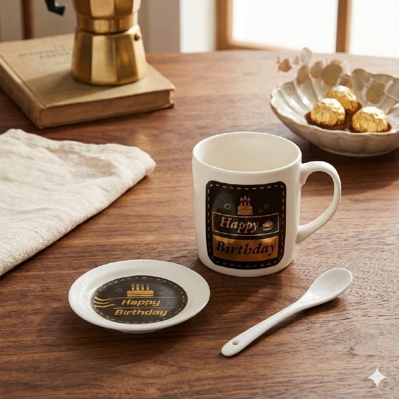 JUEGO DE TAZAS DE CERAMICA PARA REGALO CON PLATO Y CUCHARA ELEGANTES Y RESISTENTES