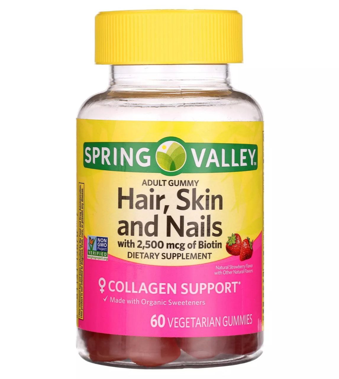 VITAMINAS EN GOMITAS PARA EL CUIDADO DEL CABELLO, PIEL Y UÑAS, CON 2500MCG DE BIOTINA, SUPLEMENTO DIETETICO, SOPORTE DE COLAGENO, SABOR A FRESA SPRING VALLEY 60UND