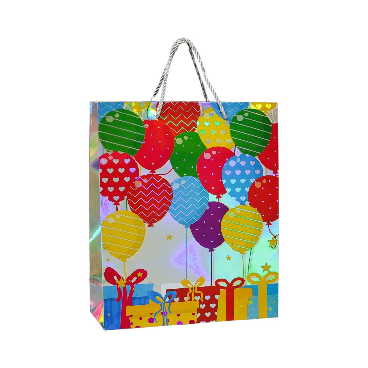 BOLSA DE REGALO DE CUMPLEAÑOS PLATEADA MEDIANA 32X26X10CM