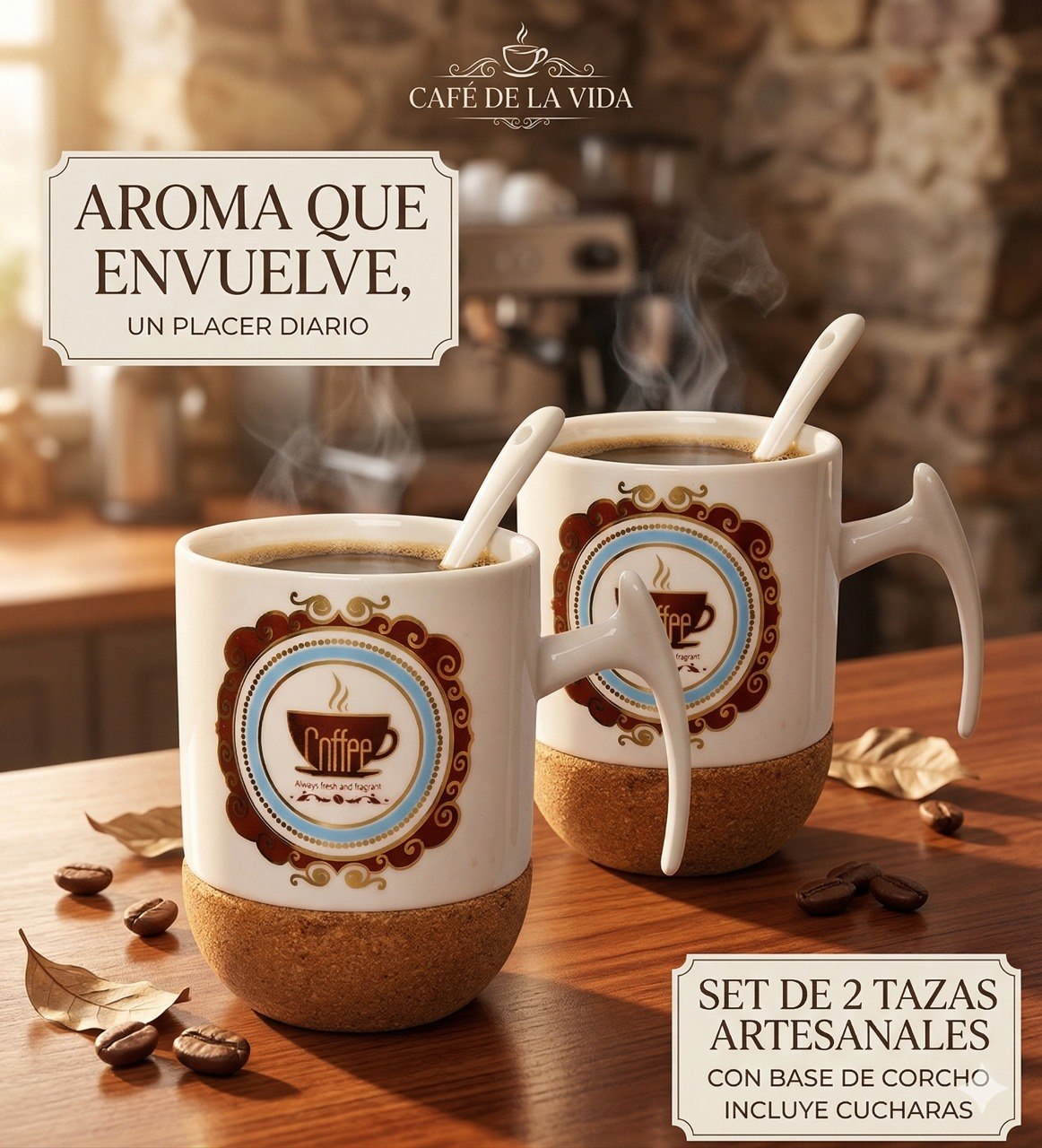 SET DE TAZAS CON BASE DE CORCHO Y CUCHARAS 4PCS HOME & SWEET