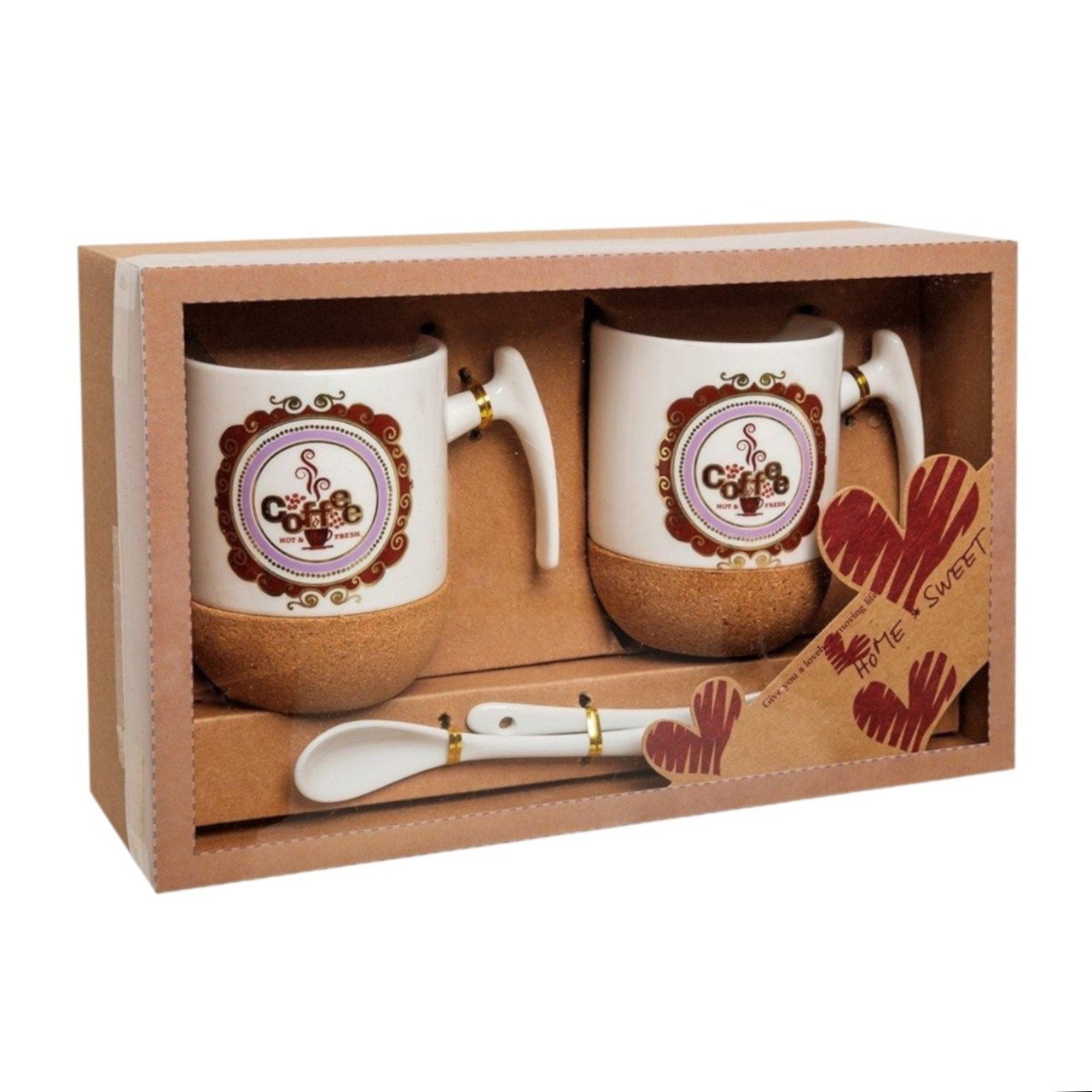 SET DE TAZAS CON BASE DE CORCHO Y CUCHARAS 4PCS HOME & SWEET