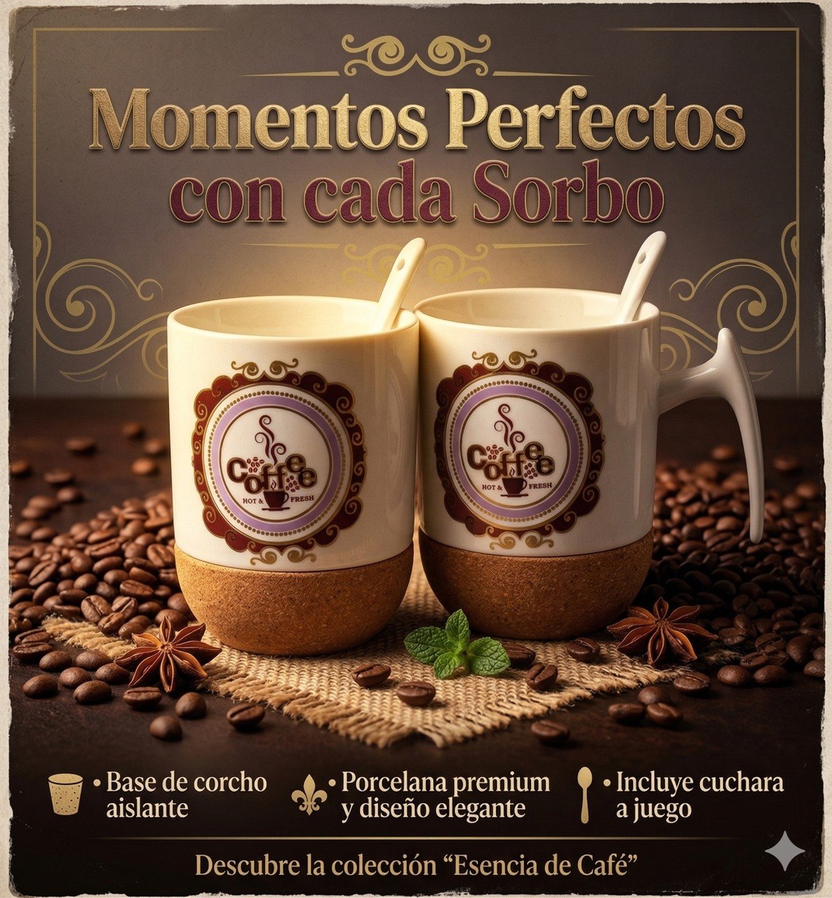 SET DE TAZAS CON BASE DE CORCHO Y CUCHARAS 4PCS HOME & SWEET