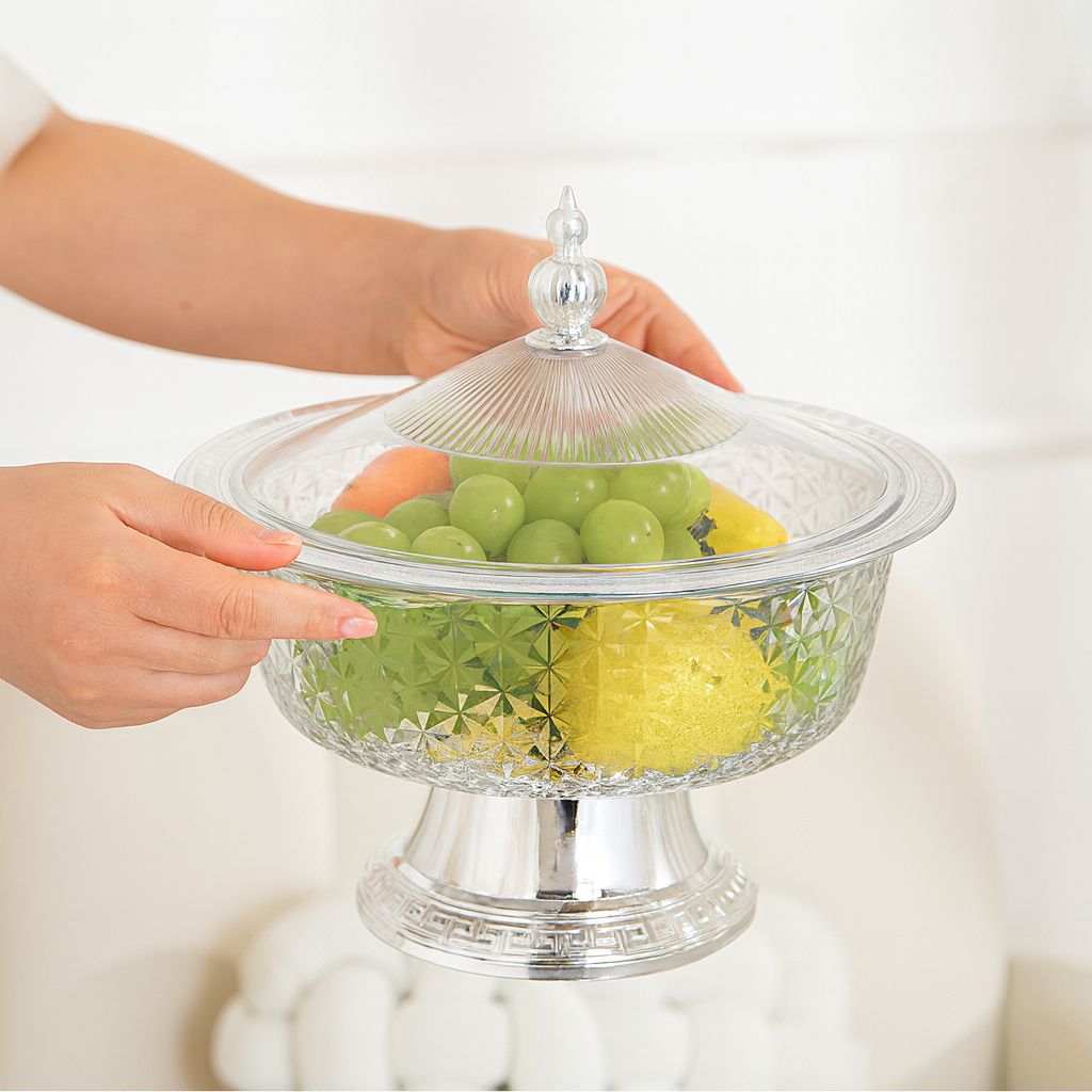 ORGANIZADOR FRUTERO DECORATIVO DE ACRILICO CON PEDESTAL Y TAPA 26X34CM