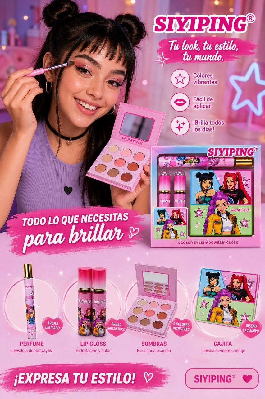 KIT DE MAQUILLAJE CON PALETA LABIALES Y MINI PERFUME DE HUNTRIX LAS GUERRERAS KPOP SIYIPING