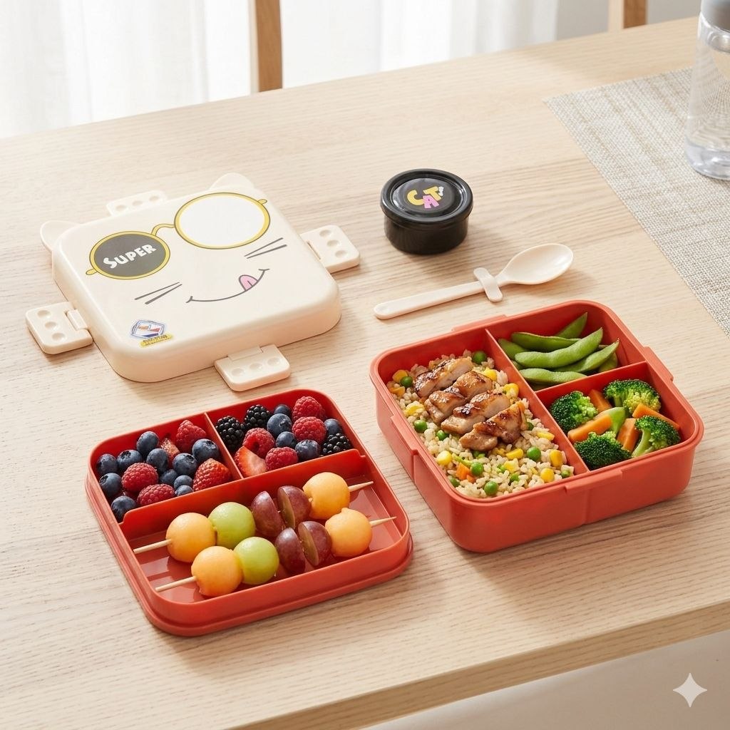 RECIPIENTE PANA PARA ALIMENTOS INFANTIL DE 4 DIVISIONES Y RECIPIENTE PARA SALSAS SUPER CAT 18X20X8CM