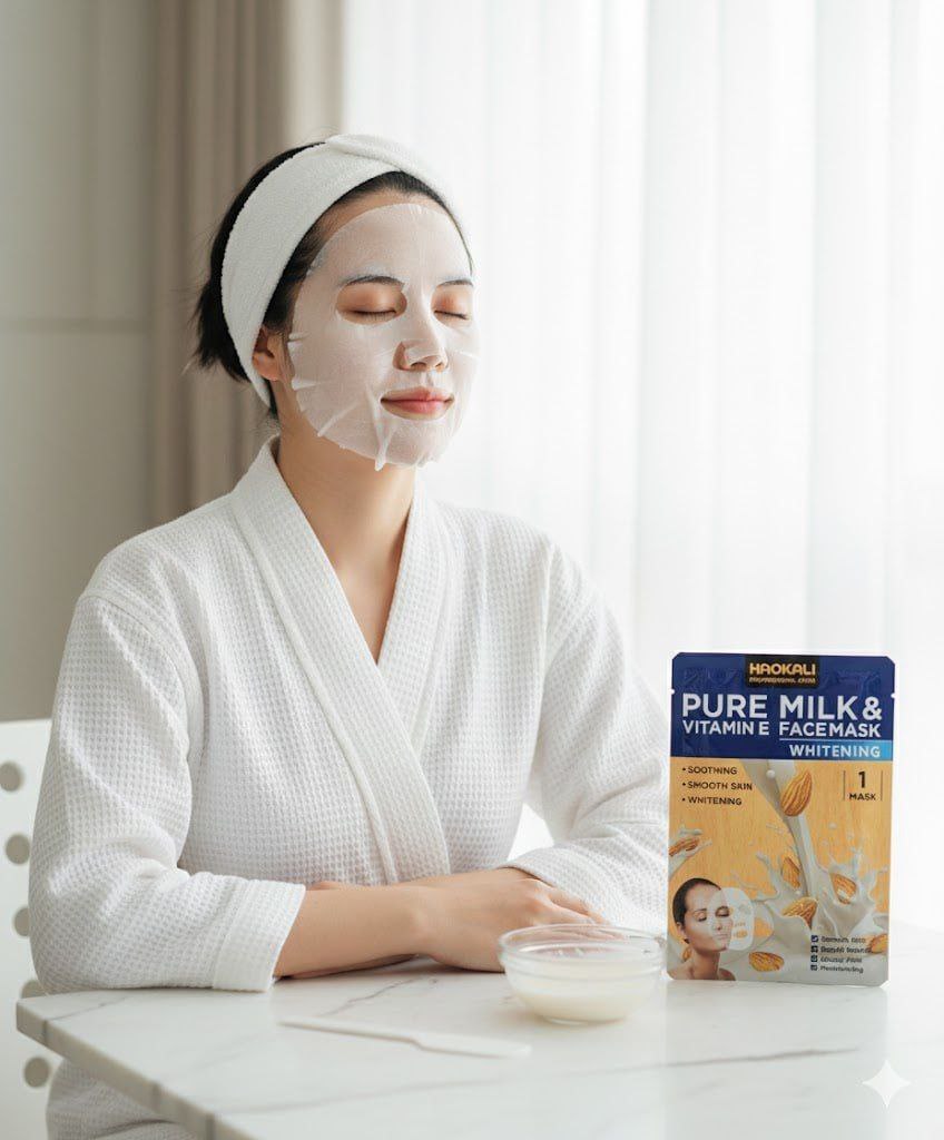 MASCARILLA FACIAL BLANQUEADORA DE LECHE PURA Y VITAMINA E SUAVIZANTE HAOKALI 30ML