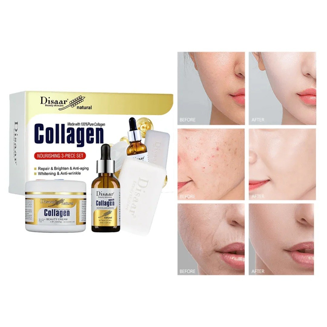 SET DE CUIDADO FACIAL REPARADOR Y ANTIEDAD CON COLAGENO 100% PURO 3PCS DISAAR