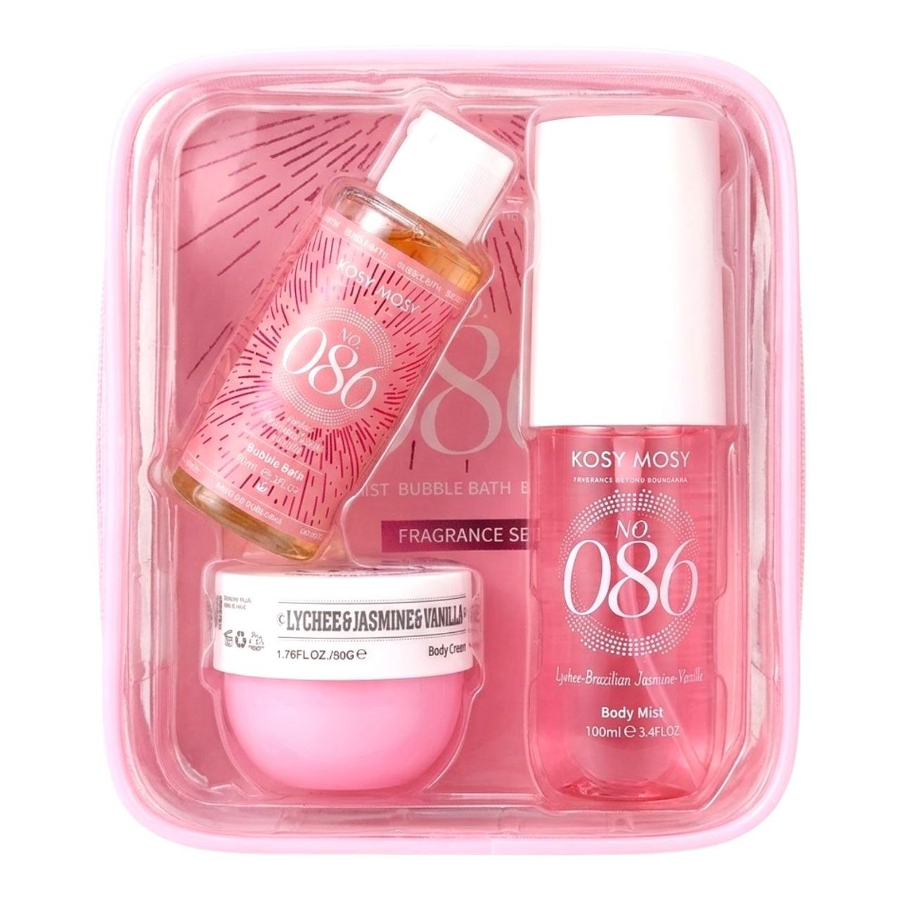 SET DE SPLASH KOSY MOSY LICHEE BRAZILIAN JASMINE VANILLA Nº086 SPLASH 100ML CREMA CORPORAL 50G BAÑO DE BURBUJAS 60ML (M) (AROMA SIMILAR A SOL DE JANEIRO CHEIROSA Nº68)