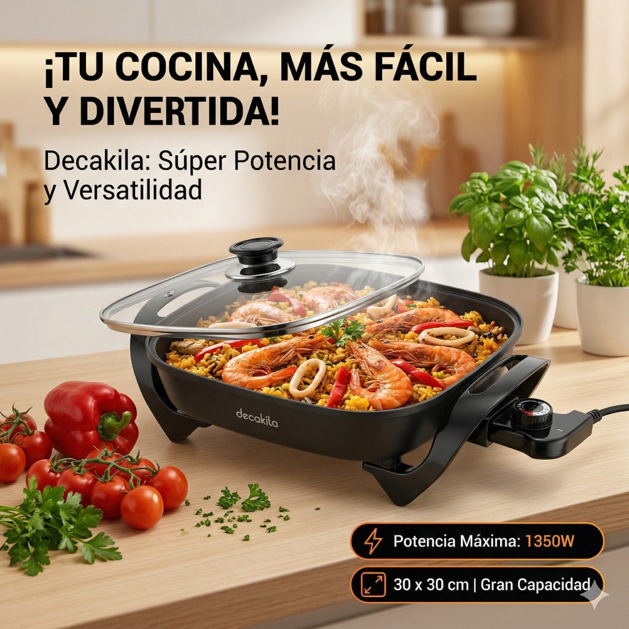 SARTEN ELECTRICO MULTIFUNCIONAL 1350W MODELO KUEC051B DECAKILA 30X30CM