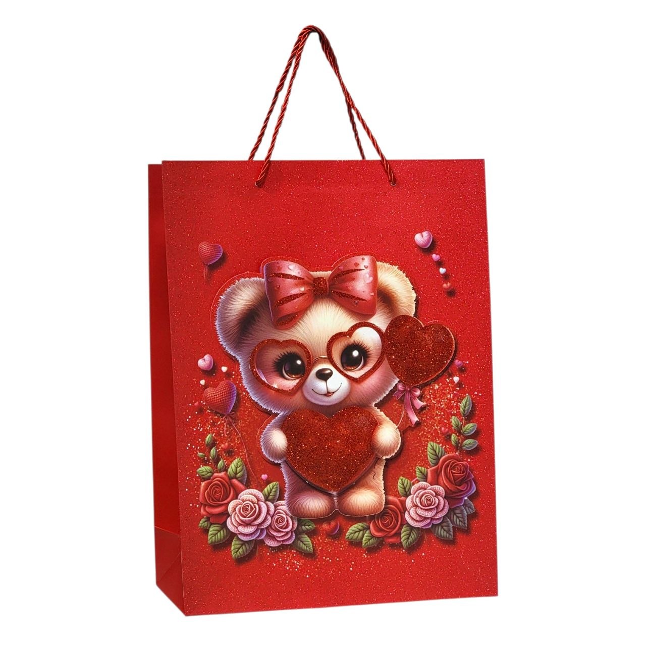 BOLSA DE REGALO GRANDE CON DISEÑO DE OSITO CON CORAZON 30X40X12CM