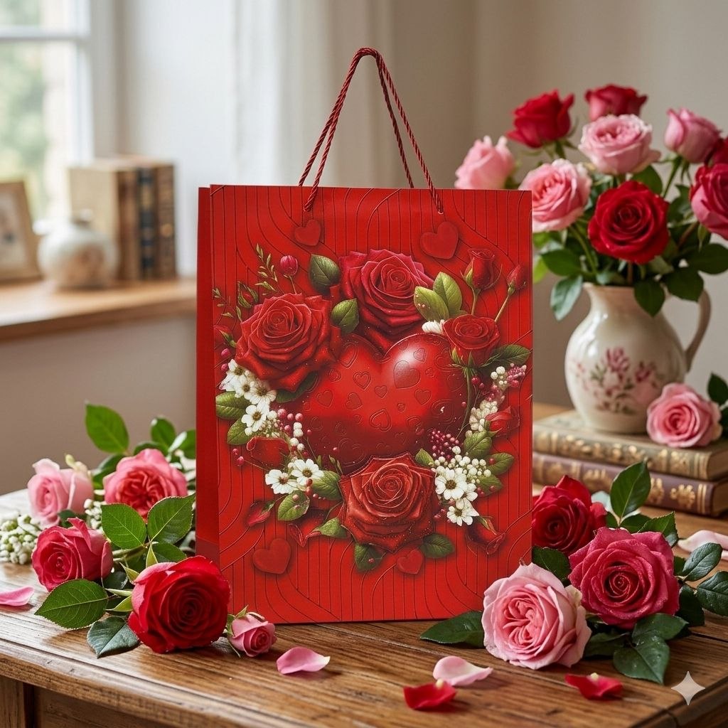 BOLSA DE REGALO GRANDE CON DISEÑO DE ROSAS Y CORAZONES 30X40X12CM