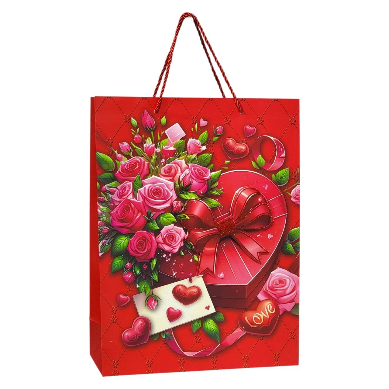 BOLSA DE REGALO GRANDE CON DISEÑO DE ROSAS Y CORAZONES 30X40X12CM