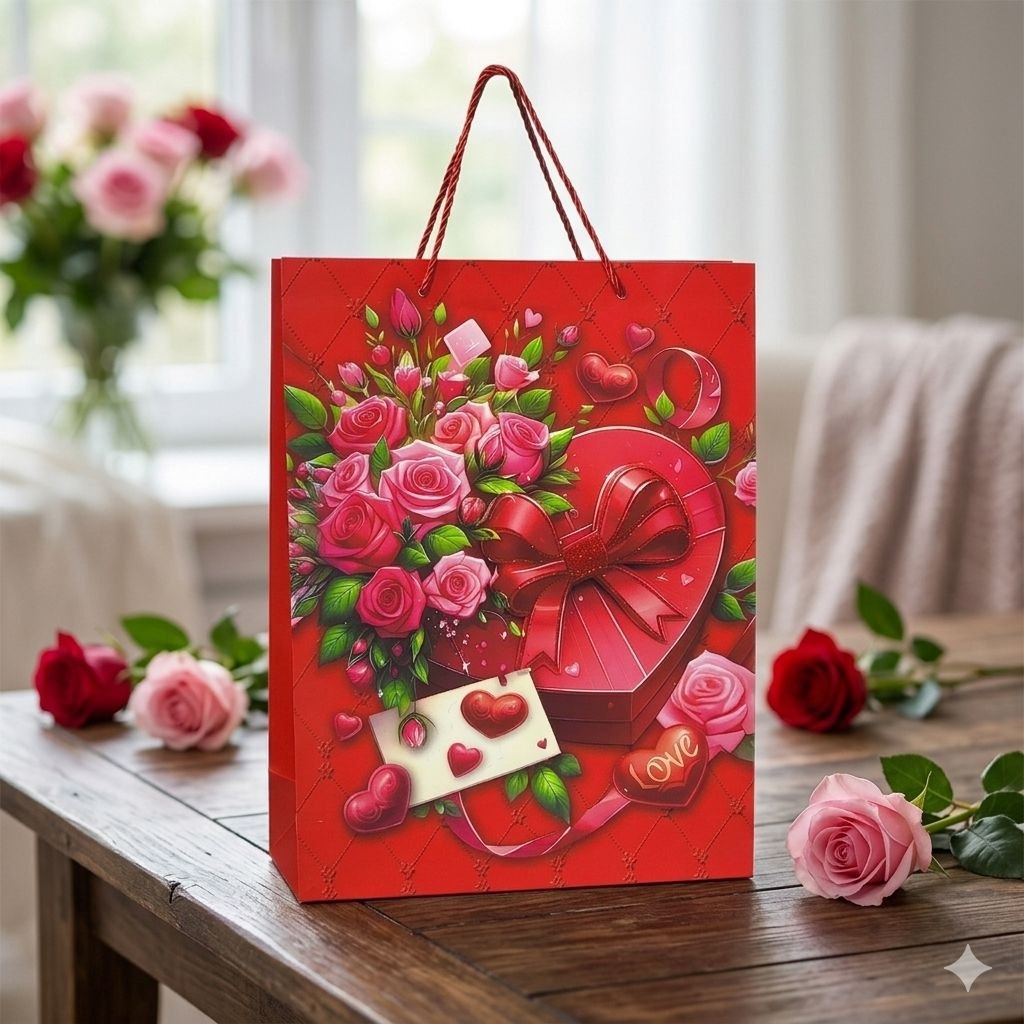BOLSA DE REGALO GRANDE CON DISEÑO DE ROSAS Y CORAZONES 30X40X12CM