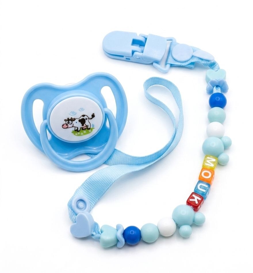 SET DE CHUPETE Y SUJETADOR CON CADENA DE CUENTAS ANTICAIDAS PARA BEBES GENIAL