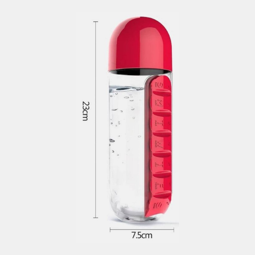 BOTE PARA AGUA 2 EN 1 CON ORGANIZADOR DE PASTILLAS 7 DIAS, VARIOS COLORES